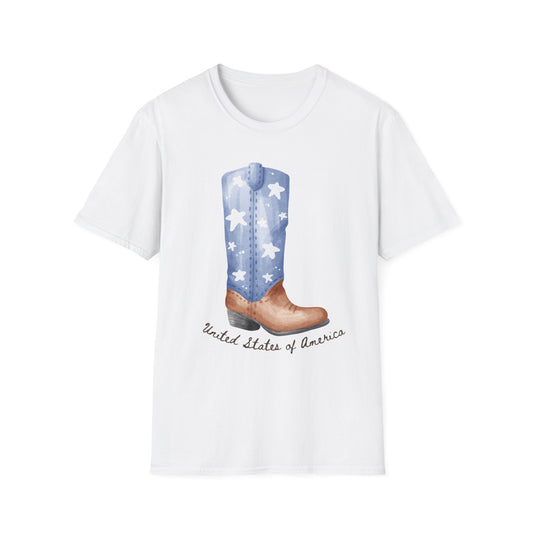 Patriotic Cowboy Boot T-Shirt, Unisex Softstyle Tee, American Pride Shirt, July 4th Outfit, Country Music Fan Gift