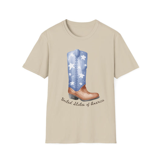 Patriotic Cowboy Boot T-Shirt, Unisex Softstyle Tee, American Pride Shirt, July 4th Outfit, Country Music Fan Gift