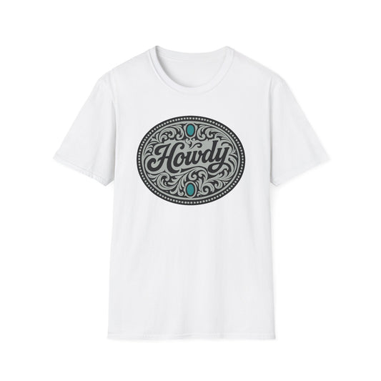 Western Belt Buckle Unisex T-Shirt with 'Howdy' Design